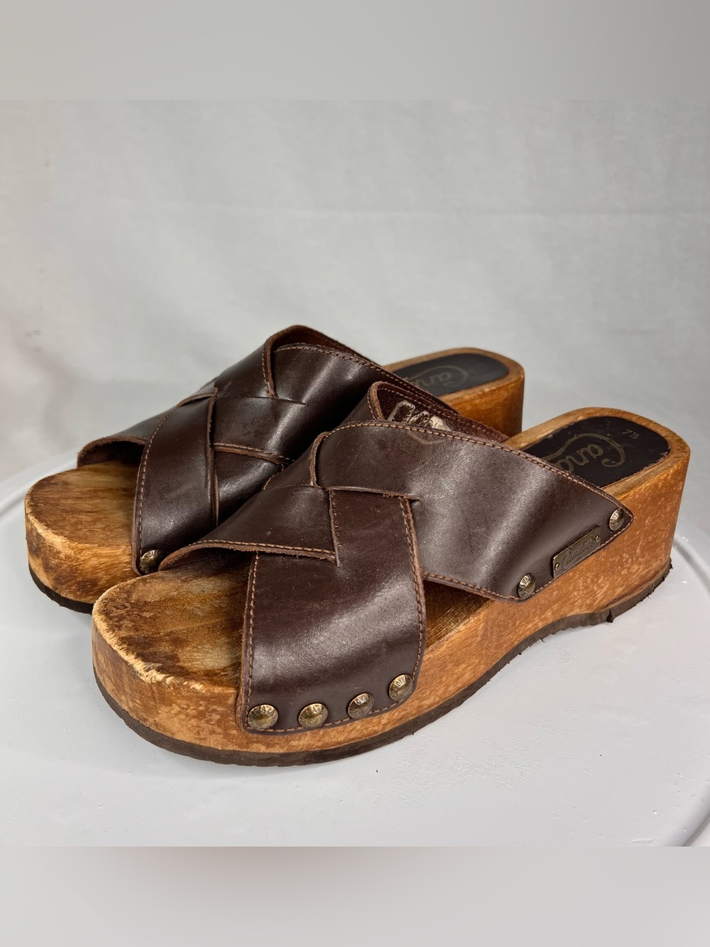 Vtg Y2K Brown Leather Candies Wood Platform Sandals Clogs Hippie Woodstock 7.5